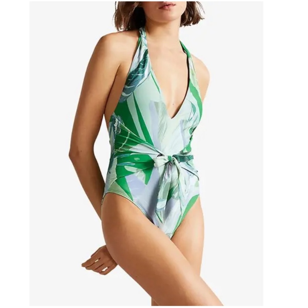 Ted Baker London Green Leaf Print Halter One-Piece Swimsuit